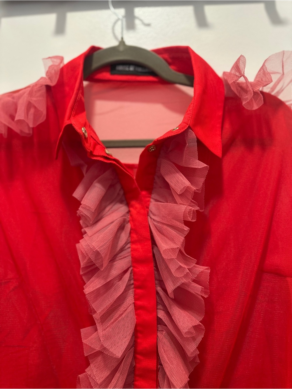House Of Holland Red Pink Ruffle Sheer Button Down Blouse Designer Eccentric - Picture 3 of 9